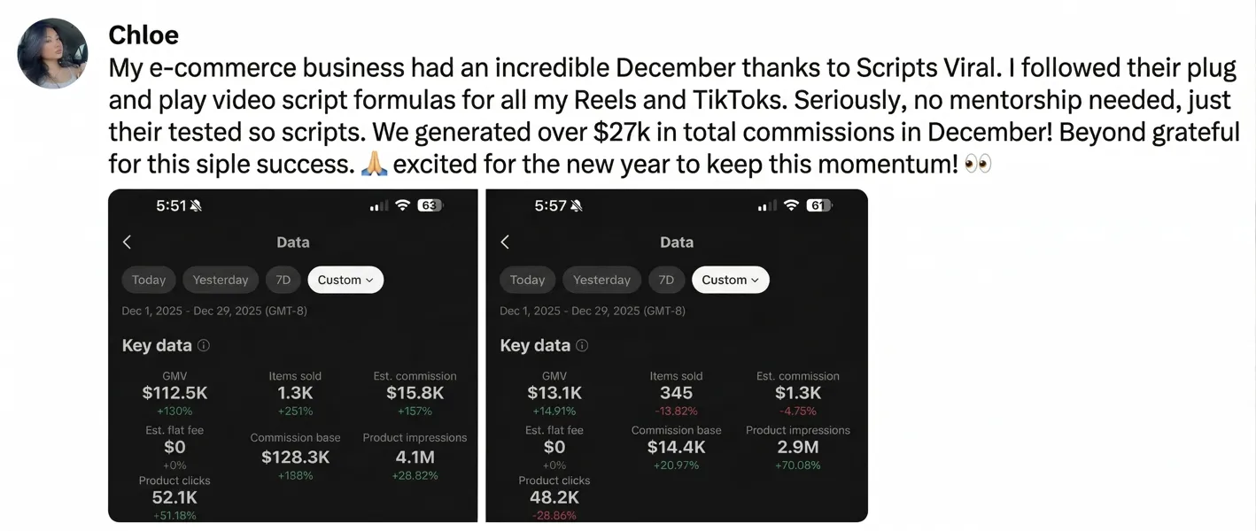 Scripts Viral user review showing real TikTok Shop creator earnings and results - testimonial 1